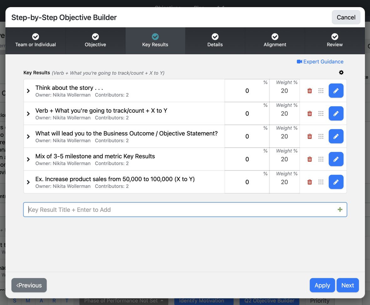 Writing the Key Results – Step-by-Step Objective Builder
