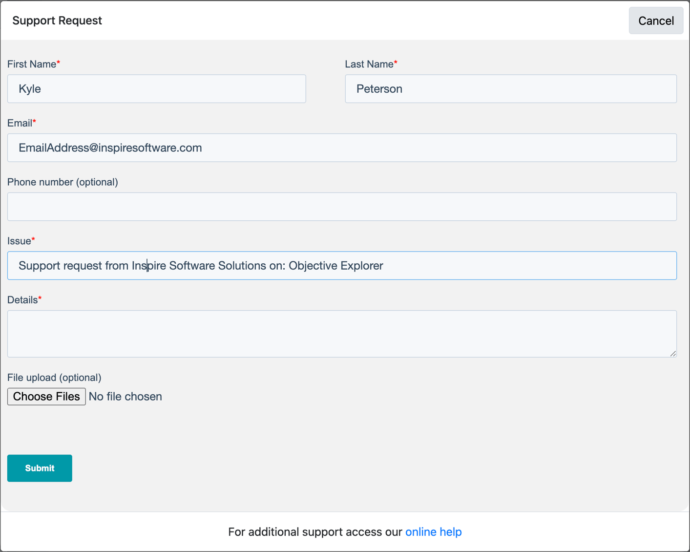 How do I contact Support for help in Inspire?